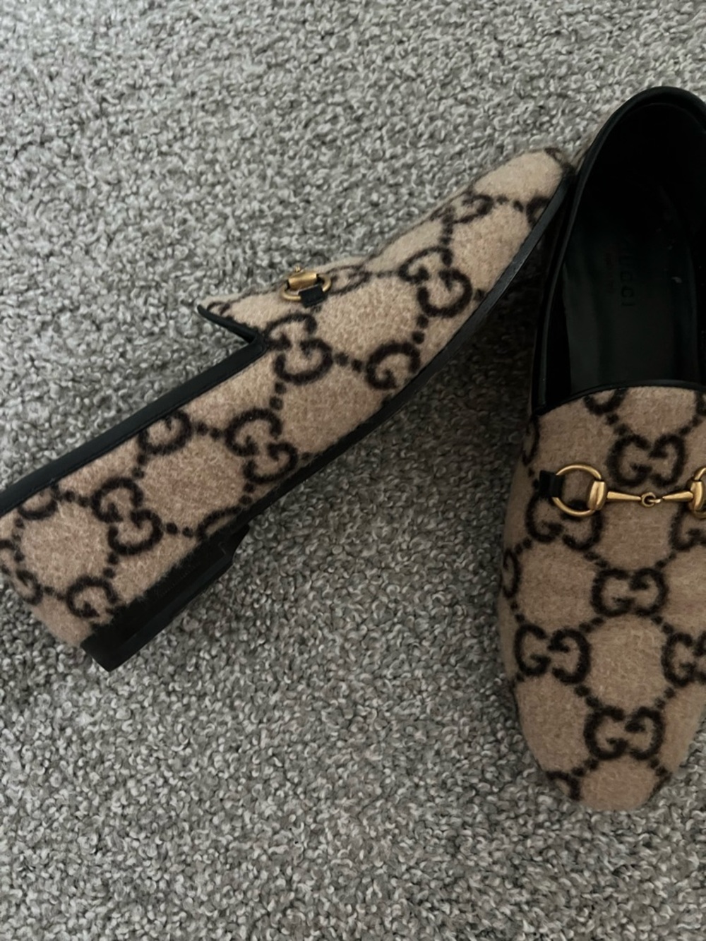 Gucci Tan & Brown GG Wool Horsebit Loafers size 39.5 EU